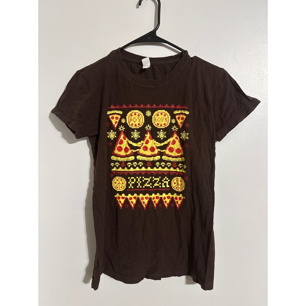Pizza Christmas Ugly Sweater Graphic T-Shirt Brown Ringspun Cotton Womens Large